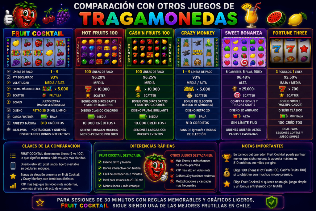 Comparación de Fruit Cocktail con otras tragamonedas mostrando RTP, volatilidad, líneas de pago y bonos.